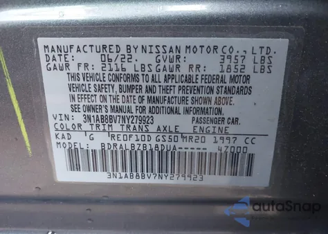 2022 Nissan Sentra S Xtronic Cvt from USA, damaged, VIN 3N1AB8BV7NY279923